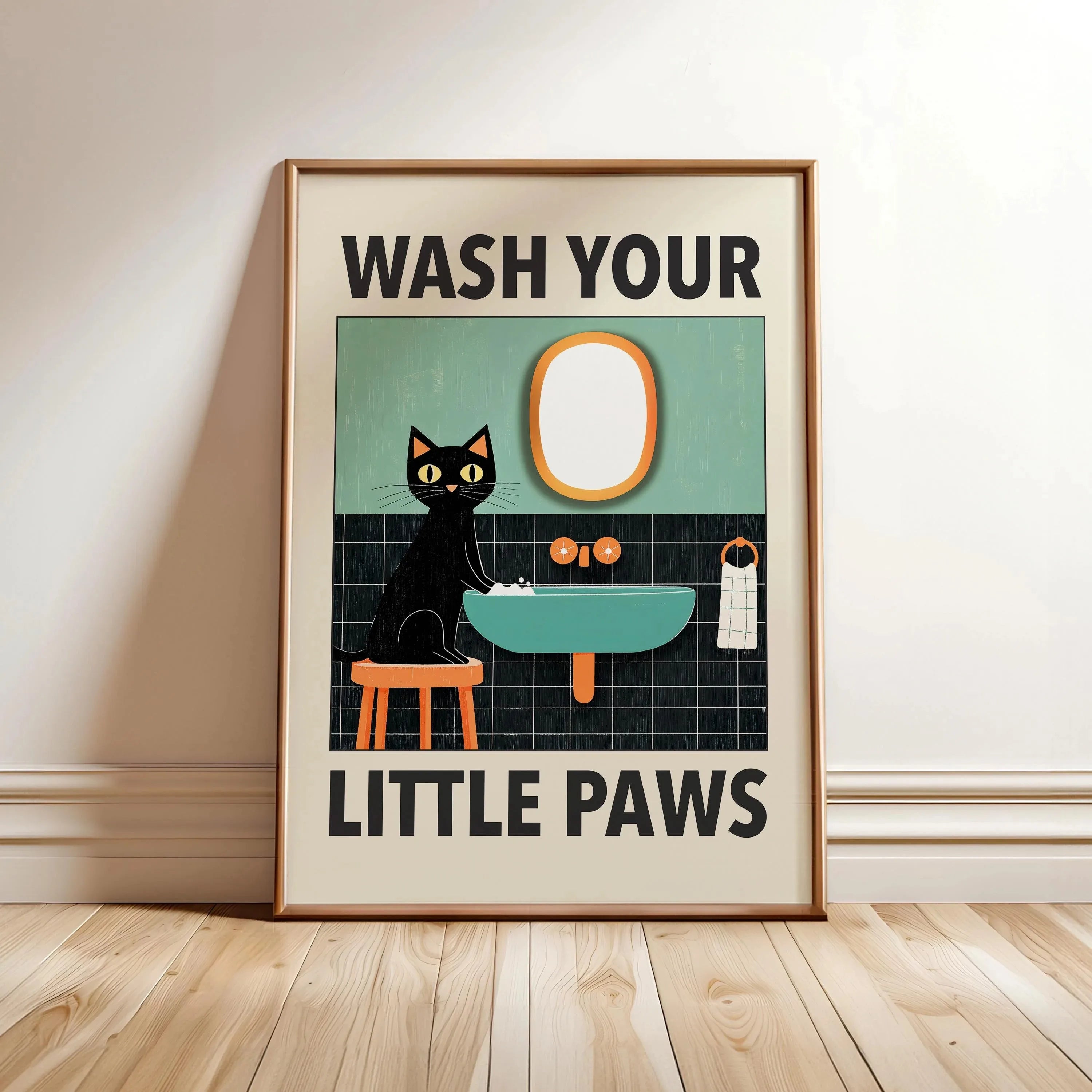Bathroom Cat Canvas Print – Wash Your Paws Wall Art