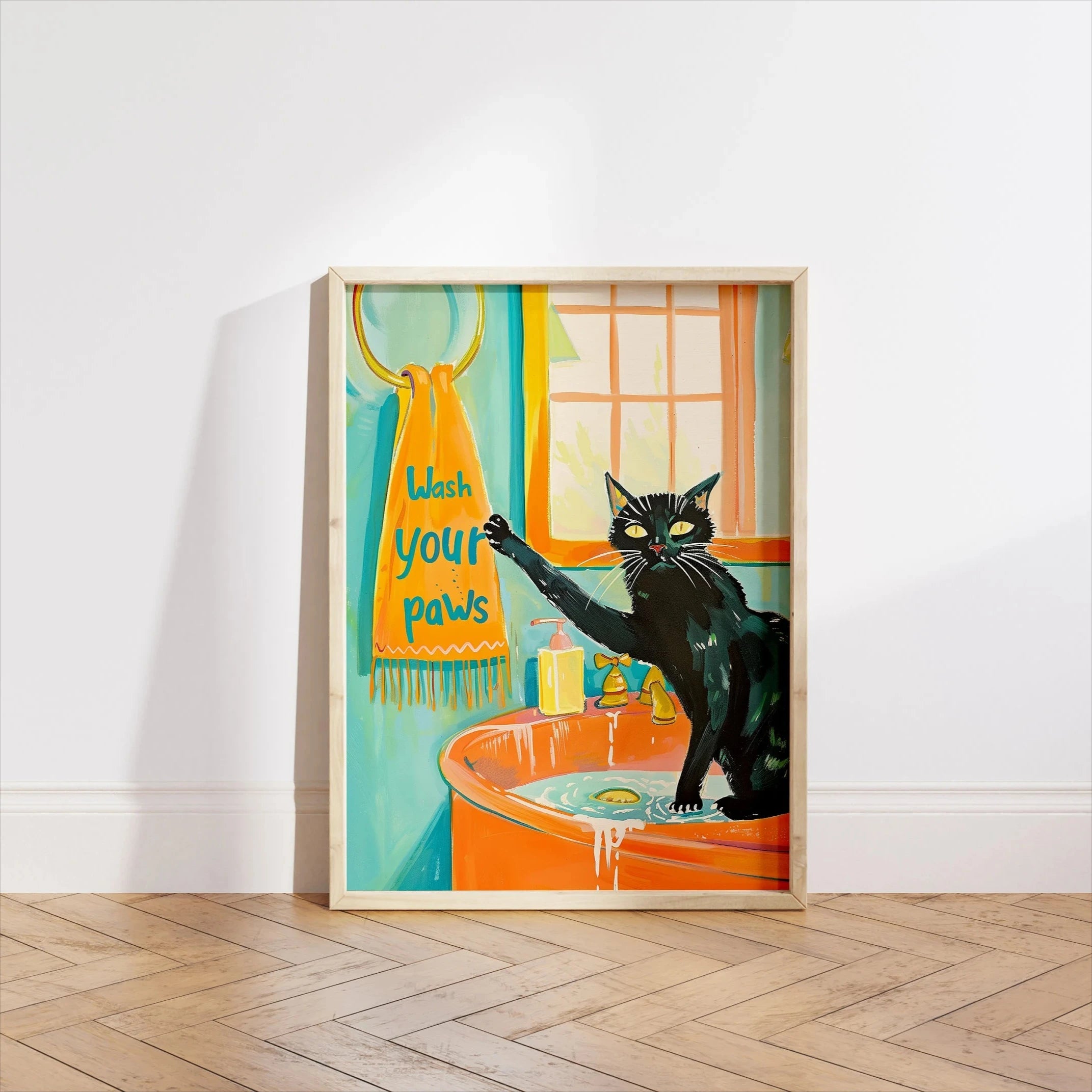 Bathroom Cat Canvas Print – Wash Your Paws Wall Art