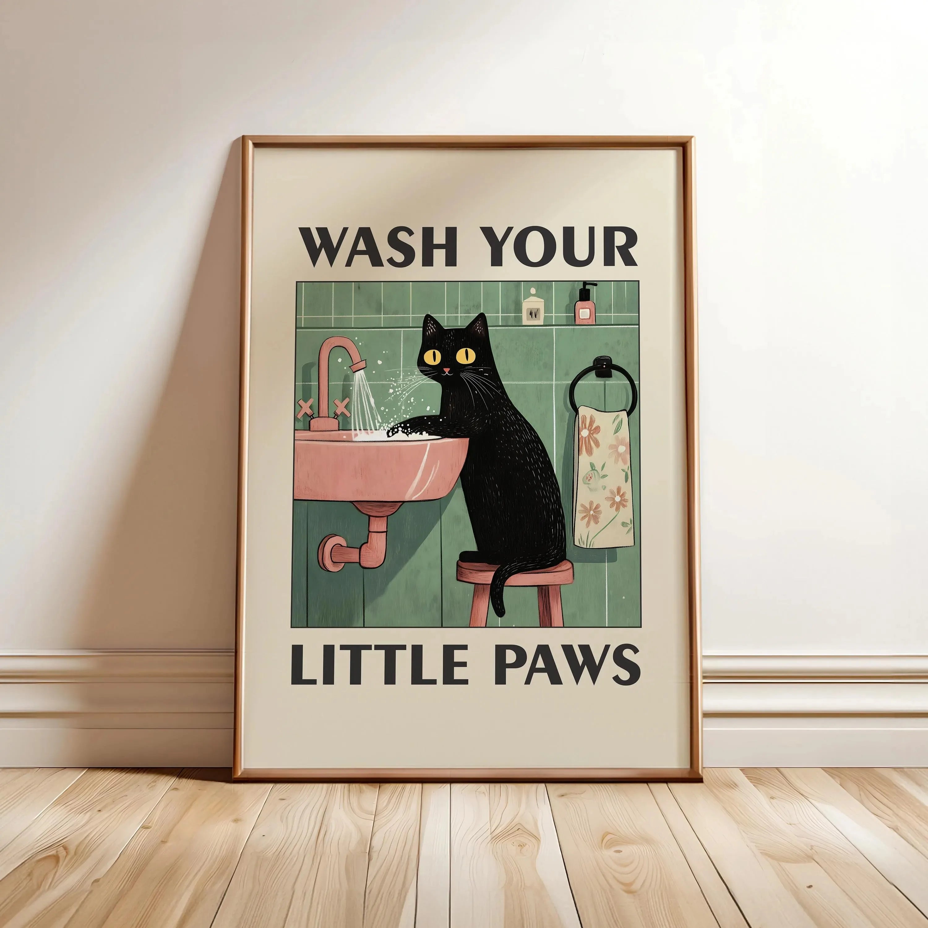Bathroom Cat Canvas Print – Wash Your Paws Wall Art