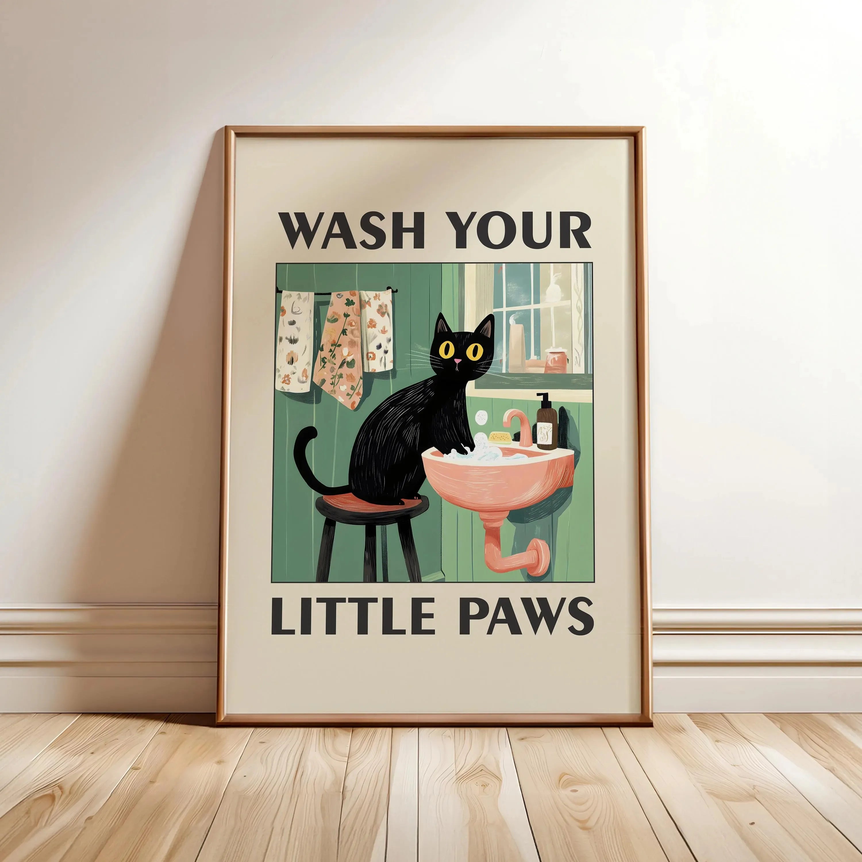 Bathroom Cat Canvas Print – Wash Your Paws Wall Art