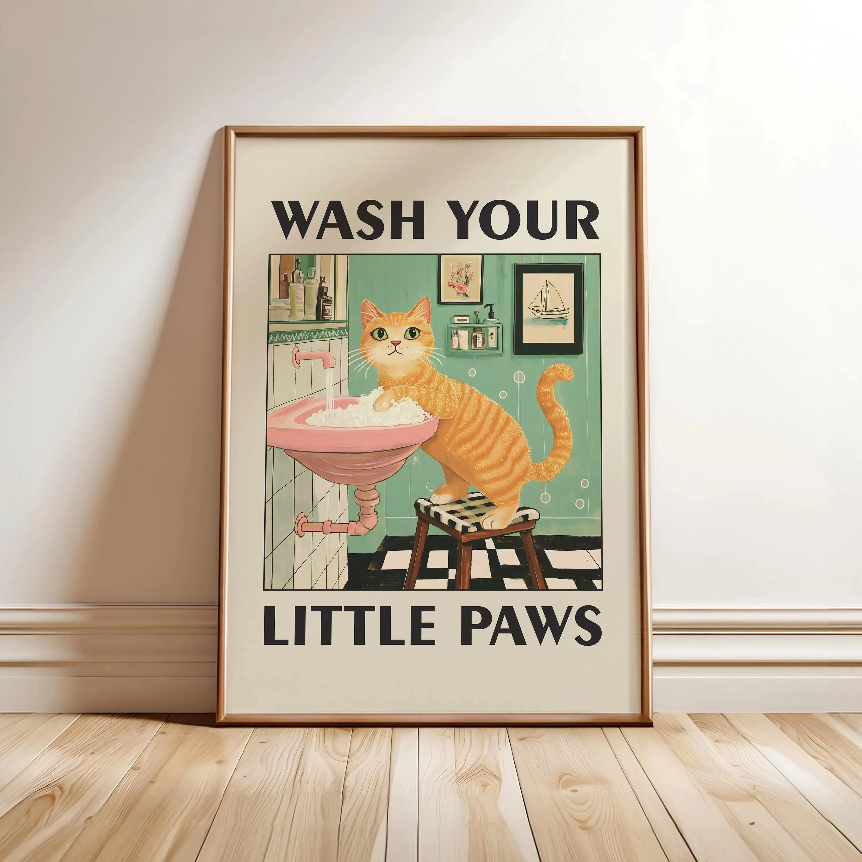 Bathroom Cat Canvas Print – Wash Your Paws Wall Art